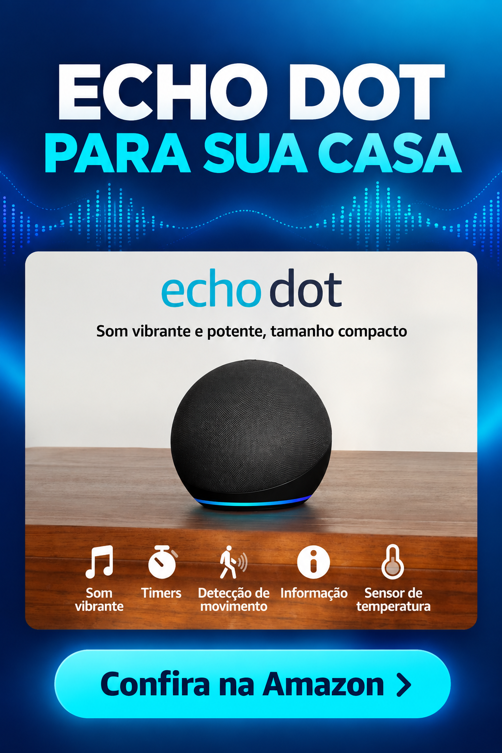 Echo Dot preto com anel de luz azul